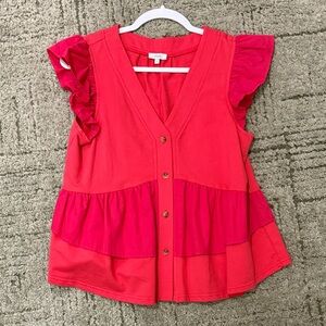 Chic Pink Ruffle Sleeve  Blouse